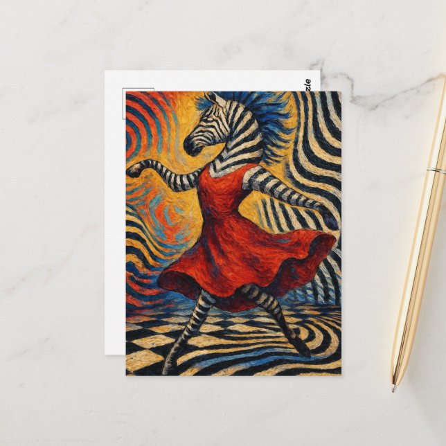 Zebra in a red dress fantasy postcard (Front/Back In Situ)