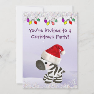 Zebra in Santa Hat, Snow & Christmas Lights Invite