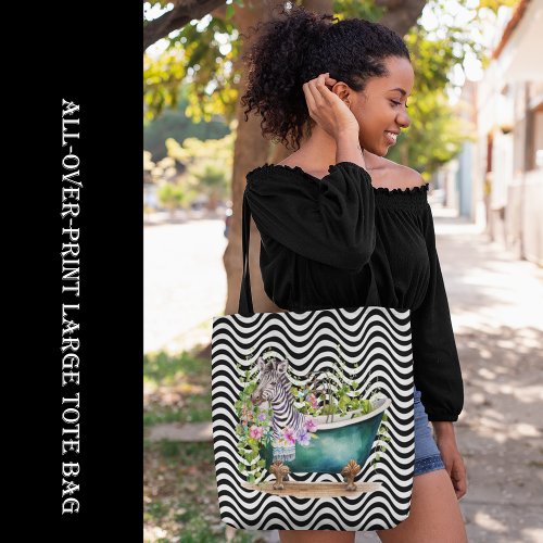 Zebra in Tub Black White Wavy Stripes Psychedelic Tote Bag