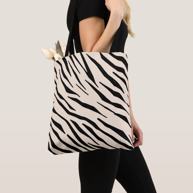 Zebra inspired Black and Beige Throw Pillow Tote Bag (Close Up)