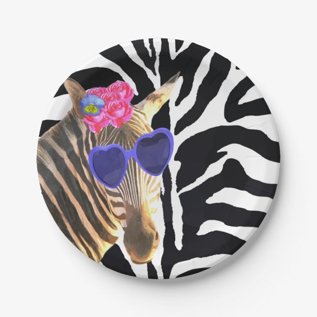 Zebra jungle animal fashion modern girl paper plates (Front)