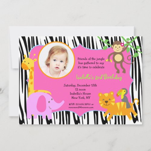 Zebra Jungle Animal Photo Birthday Invitations