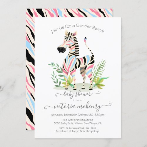 Zebra Jungle Gender Reveal Baby Shower Invitation