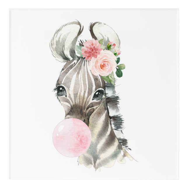 Zebra, Jungle, Pink Bubble Gum, Girl Nursery Acrylic Print (Front)