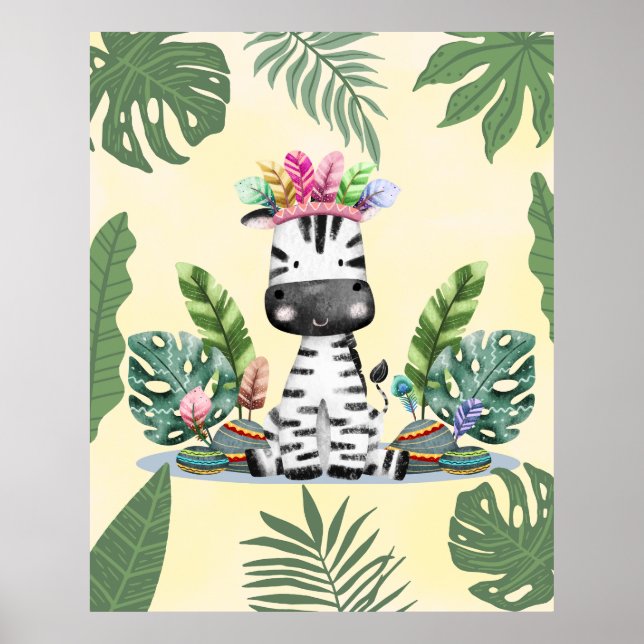 Zebra Jungle Safari Exotic Palm leaves Nursery  Poster (Front)