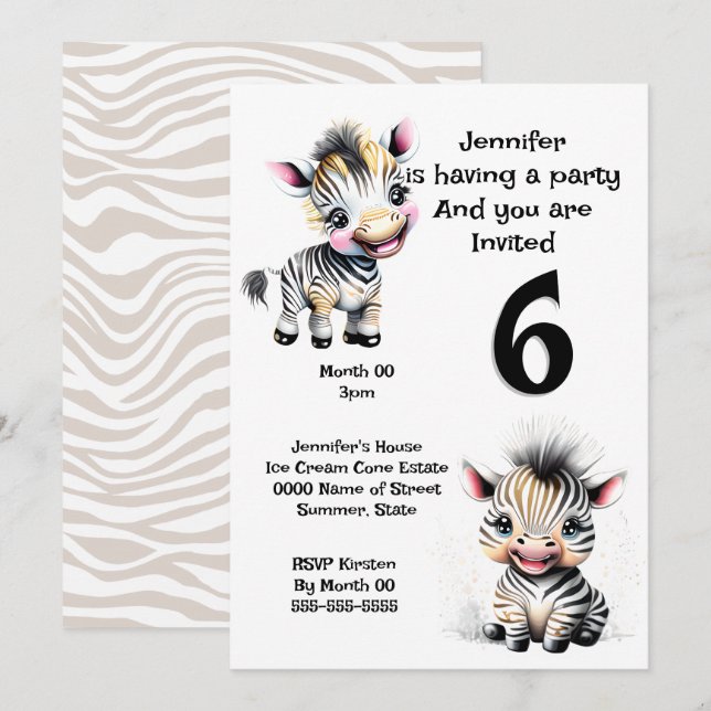 Zebra jungle safari kids theme ANY AGE printable Invitation (Front/Back)