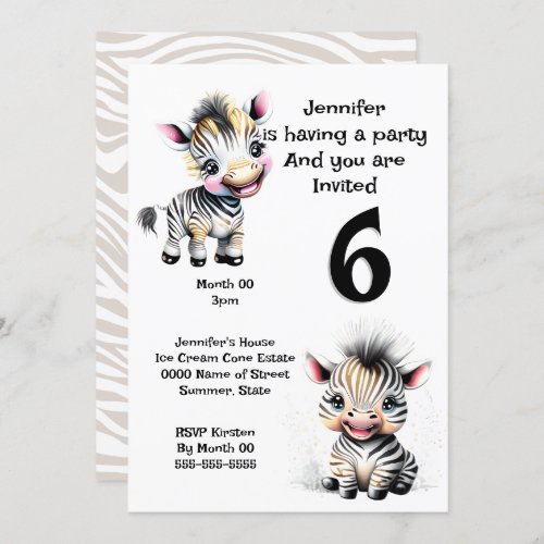 Zebra jungle safari kids theme ANY AGE printable Invitation