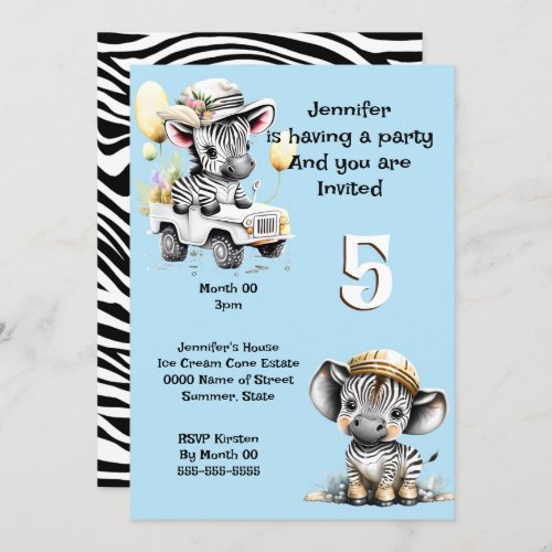 Zebra jungle safari kids theme birthday blue invitation