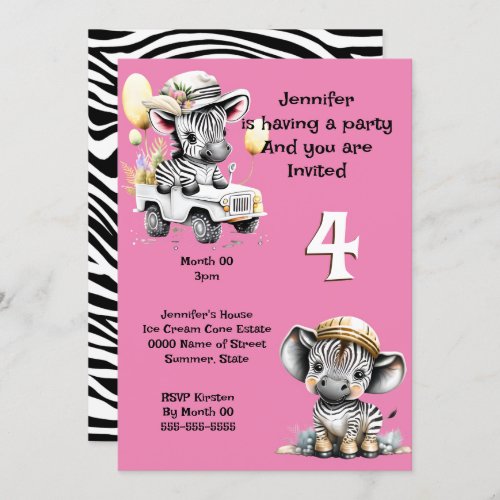 Zebra jungle safari kids theme birthday pink invitation