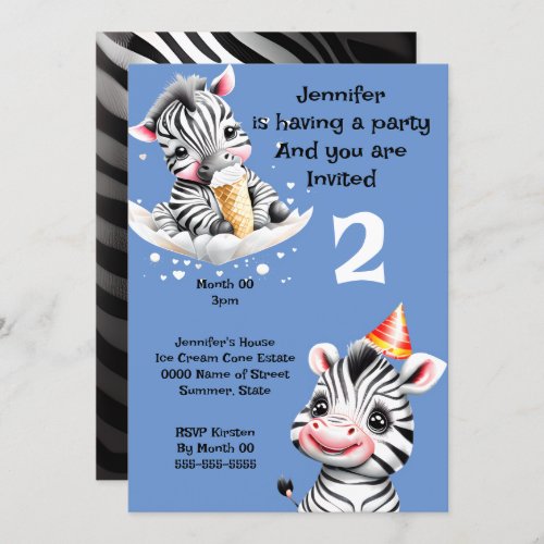 Zebra jungle safari party wild animals blue invitation