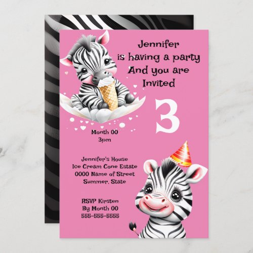Zebra jungle safari party wild animals pink invitation