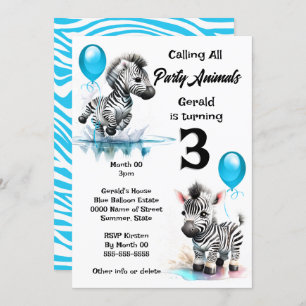 Zebra jungle safari theme boys birthday blue party invitation