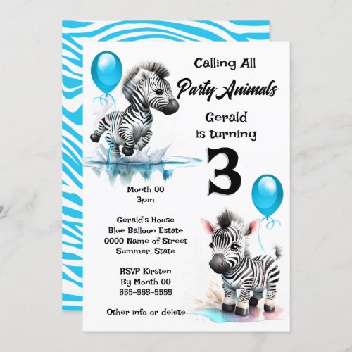 Zebra jungle safari theme boys birthday blue party invitation