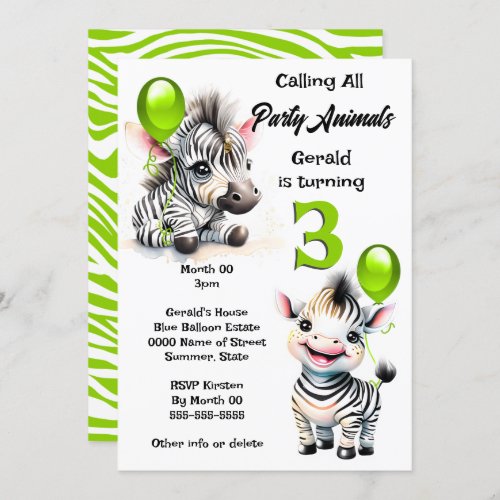 Zebra jungle safari theme green black stripes kids invitation