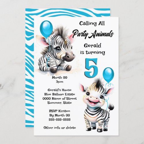 Zebra jungle safari theme green blue stripes kids invitation