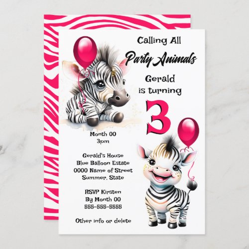 Zebra jungle safari theme pink black stripes kids invitation