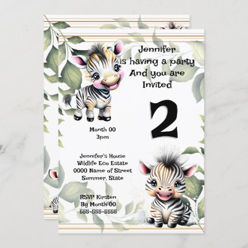 Zebra jungle zoo safari green leaf DIY age Invitation