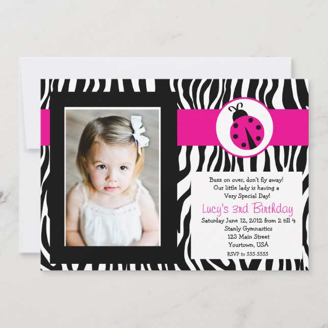 Zebra Lady Bug Party Birthday Invitation (Front)