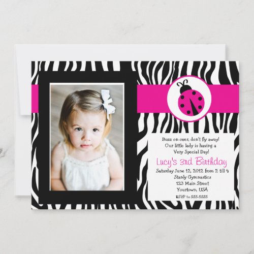 Zebra Lady Bug Party Birthday Invitation