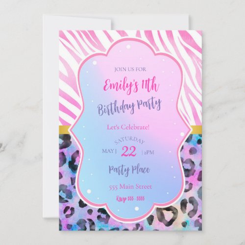 Zebra leopard birthday invitation neon pink purple