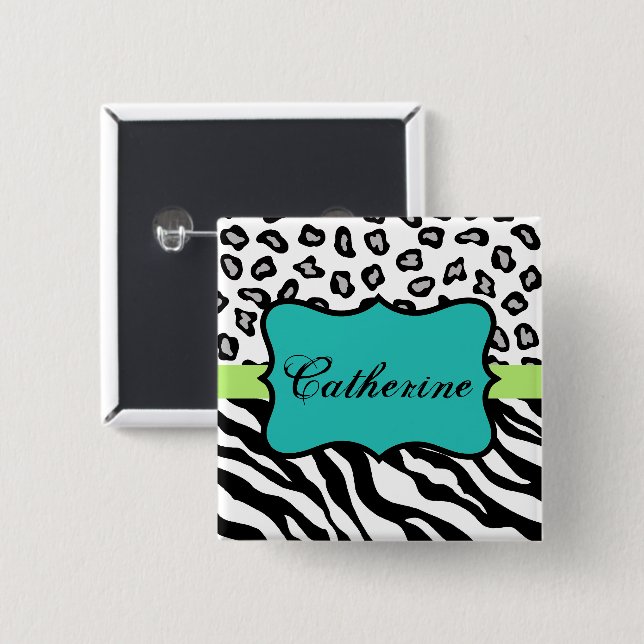  Zebra Leopard Skin Black White Teal Name Badge Pinback Button (Front & Back)