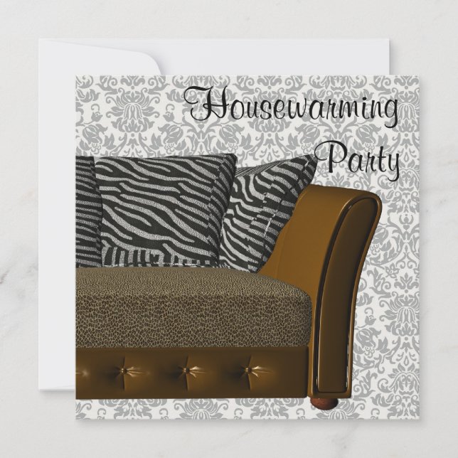 Zebra Leopard Sofa Damask Housewarming Party Invitation (Front)