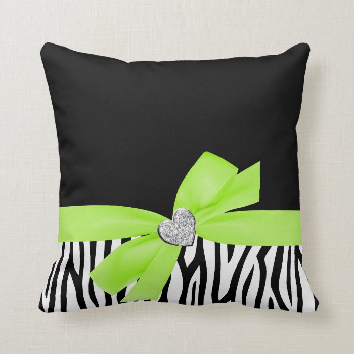 Zebra Lime Green Bow Diamond Heart Throw Pillow