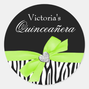 Zebra Lime Green Bow Diamond Quinceanera Classic Round Sticker