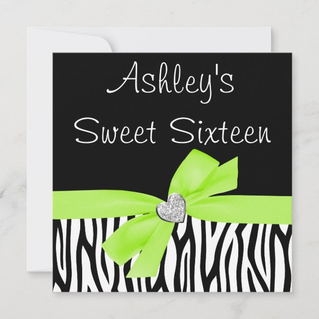 Zebra Lime Green Bow Diamond Sweet 16 Invitations (Front)