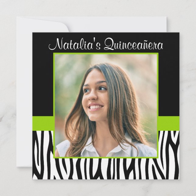 Zebra Lime Green Photo Quinceanera Invitations (Front)
