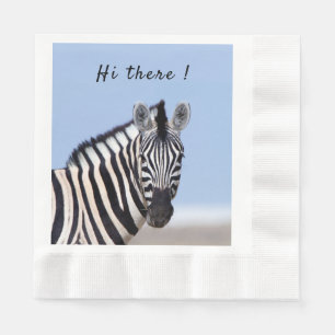 Zebra looking at you with blue sky photo text napkins