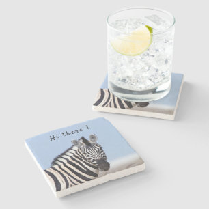 Zebra looking at you with blue sky photo text stone coaster