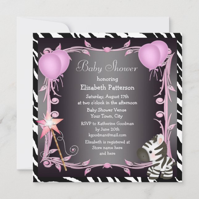 Zebra & Magic Wand Pink Princess Baby Shower Invitation (Front)