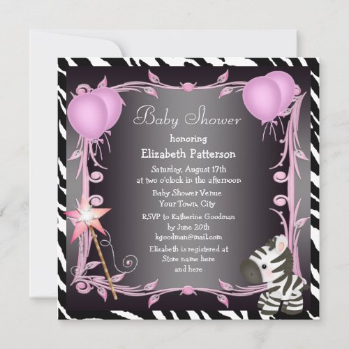 Zebra  Magic Wand Pink Princess Baby Shower Invitation