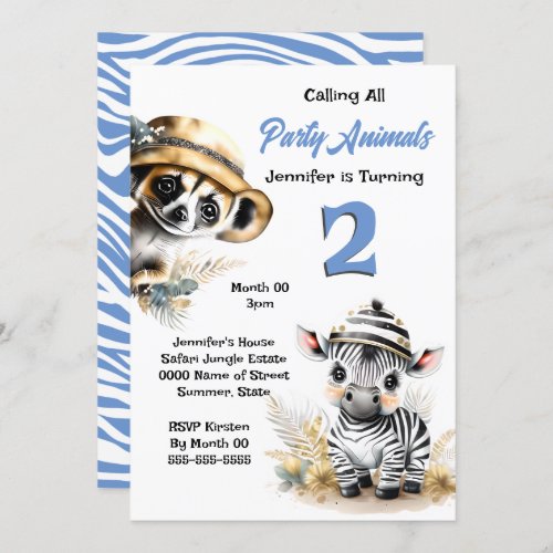 Zebra meerkat jungle safari wild animals blue boys invitation