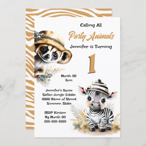 Zebra meerkat jungle safari wild animals kids bush invitation