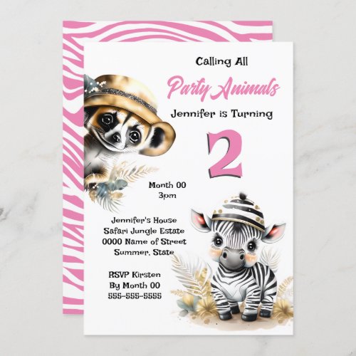 Zebra meerkat jungle safari wild animals pink girl invitation