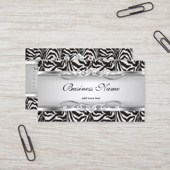 Zebra Metal Chrome Look Elegant Black White Silver Business Card (Front/Back In Situ)