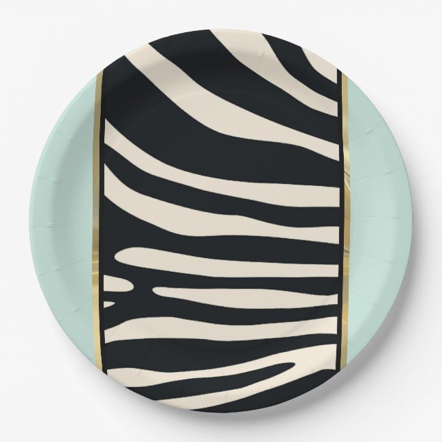 Zebra mint green, black and cream print paper plates (Front)
