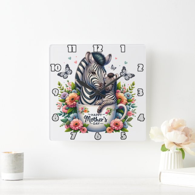 Zebra Mom: Foal, Flowers, Mother's Day Square Wall Clock (Home)