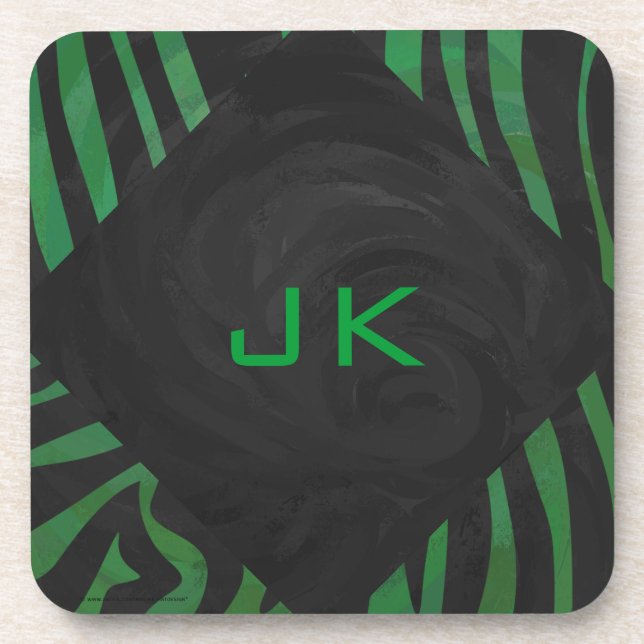 Zebra Monogram Black and Green Print Beverage Coaster (Front)