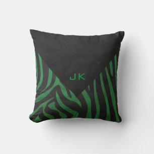 Zebra Monogram Black and Green Print Throw Pillow