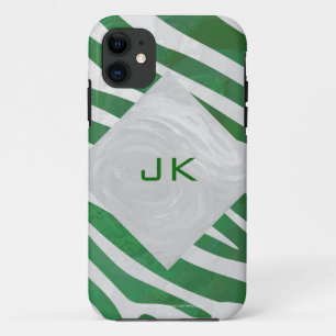 Zebra Monogram Green and White Print iPhone 11 Case