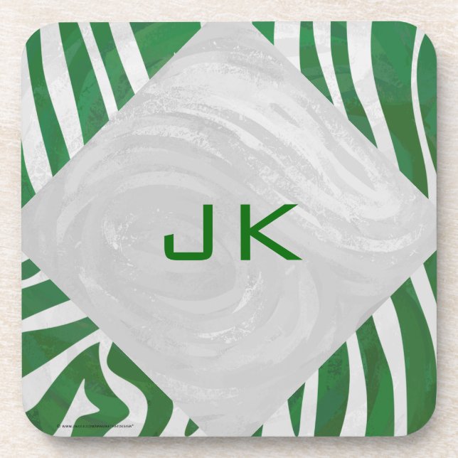 Zebra Monogram Green and White Print Drink Coaster (Front)