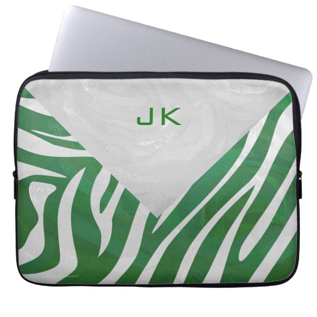 Zebra Monogram Green and White Print Laptop Sleeve (Front)