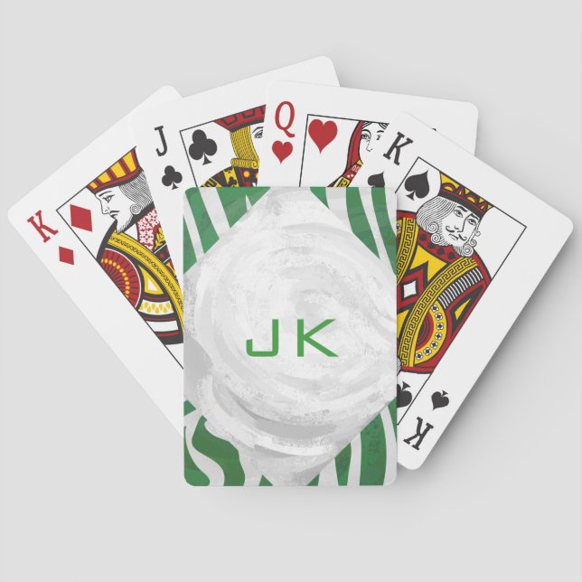 Zebra Monogram Green and White Print Poker Cards (Back)