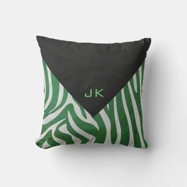 Zebra Monogram Green and White Print Throw Pillow (Front)