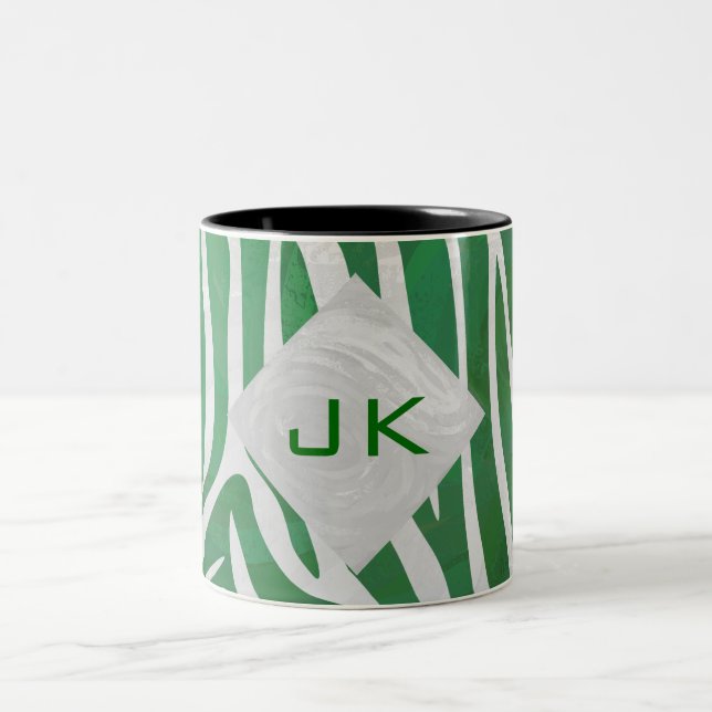 Zebra Monogram Green and White Print Two-Tone Coffee Mug (Center)