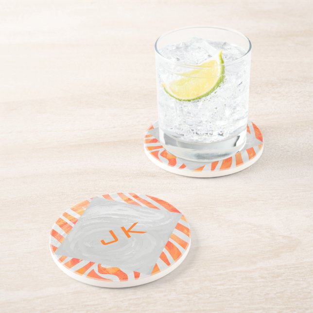 Zebra Monogram Orange and White Sandstone Coaster (Side)