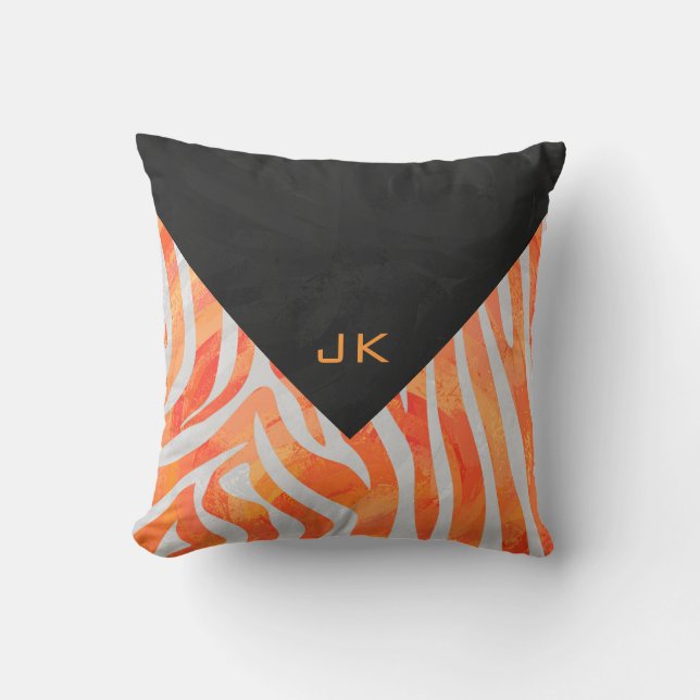 Zebra Monogram Orange and White Throw Pillow (Front)